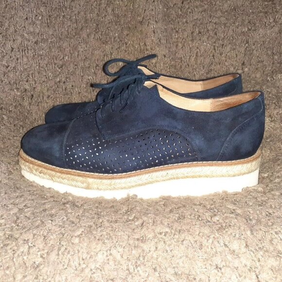 L'INTERVALLE-Spain-Perforated Blue Suede Espadrille Flatforms-Sz 7-Excellent - Picture 2 of 6
